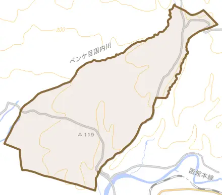 字富岡とその周辺の地図。町の範囲を重ねている