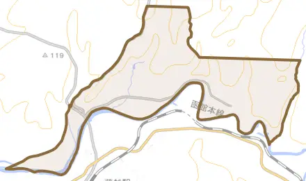 字豊国とその周辺の地図。町の範囲を重ねている