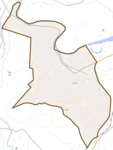 字淀川とその周辺の地図。町の範囲を重ねている