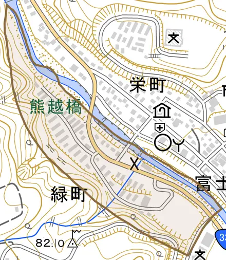 緑町とその周辺の地図。町の範囲を重ねている