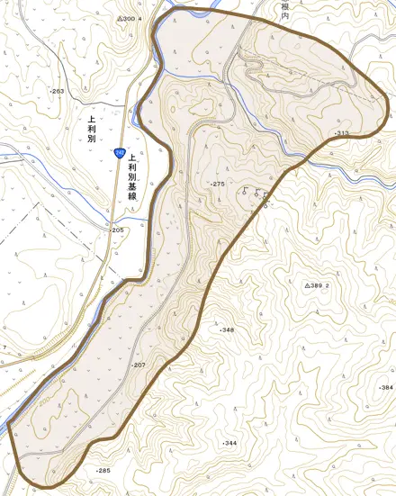 字恩根内とその周辺の地図。町の範囲を重ねている