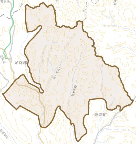 字川上とその周辺の地図。町の範囲を重ねている