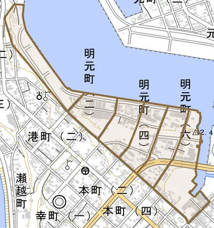 明元町とその周辺の地図。町の範囲を重ねている