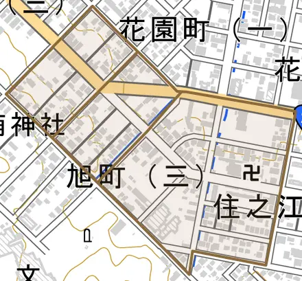 旭町とその周辺の地図。町の範囲を重ねている