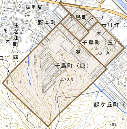 千鳥町とその周辺の地図。町の範囲を重ねている