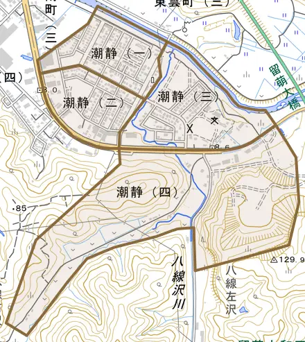 潮静とその周辺の地図。町の範囲を重ねている