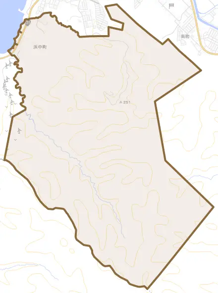 浜中町とその周辺の地図。町の範囲を重ねている