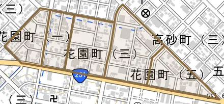 花園町とその周辺の地図。町の範囲を重ねている