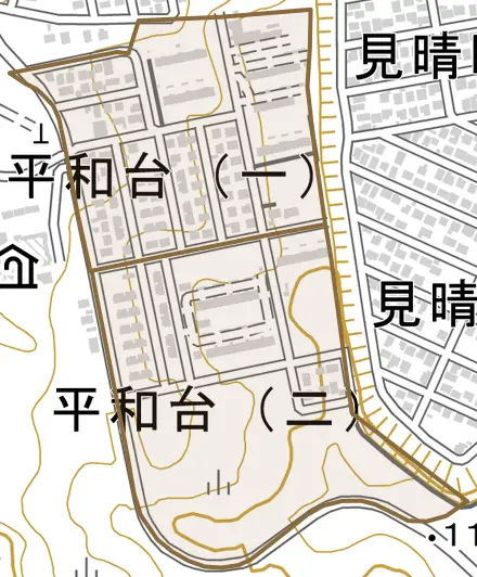 平和台とその周辺の地図。町の範囲を重ねている