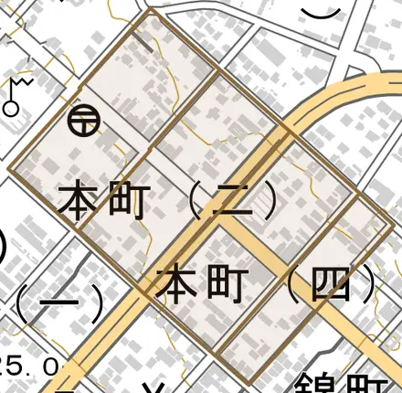 本町とその周辺の地図。町の範囲を重ねている