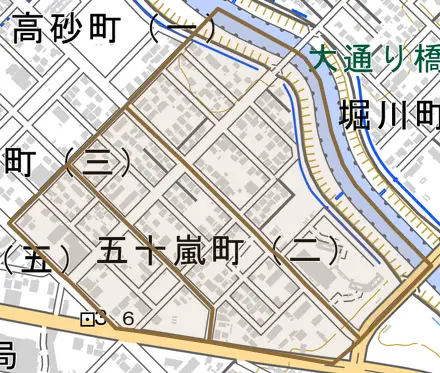 五十嵐町とその周辺の地図。町の範囲を重ねている