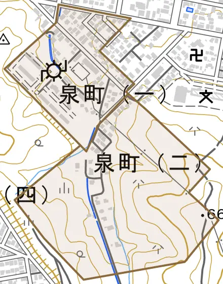 泉町とその周辺の地図。町の範囲を重ねている