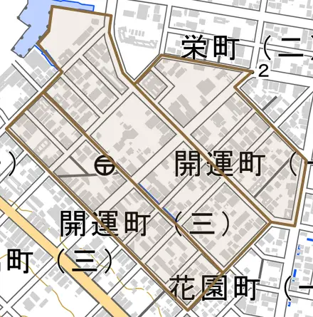 開運町とその周辺の地図。町の範囲を重ねている