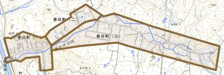 春日町とその周辺の地図。町の範囲を重ねている
