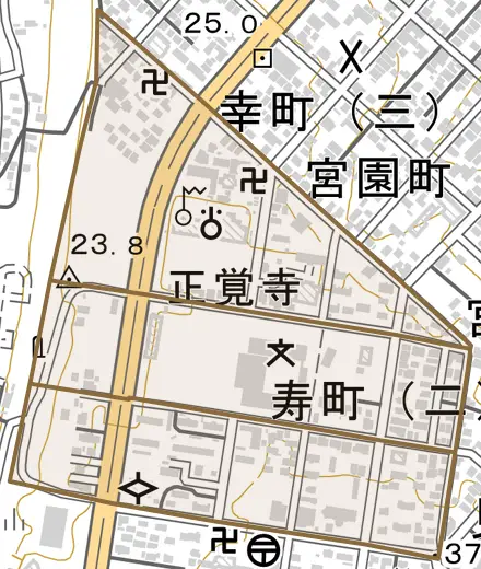 寿町とその周辺の地図。町の範囲を重ねている
