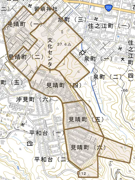見晴町とその周辺の地図。町の範囲を重ねている