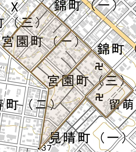 宮園町とその周辺の地図。町の範囲を重ねている