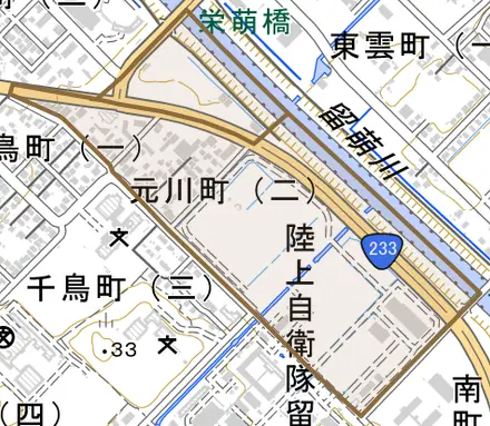 元川町とその周辺の地図。町の範囲を重ねている