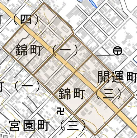 錦町とその周辺の地図。町の範囲を重ねている
