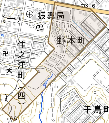 野本町とその周辺の地図。町の範囲を重ねている