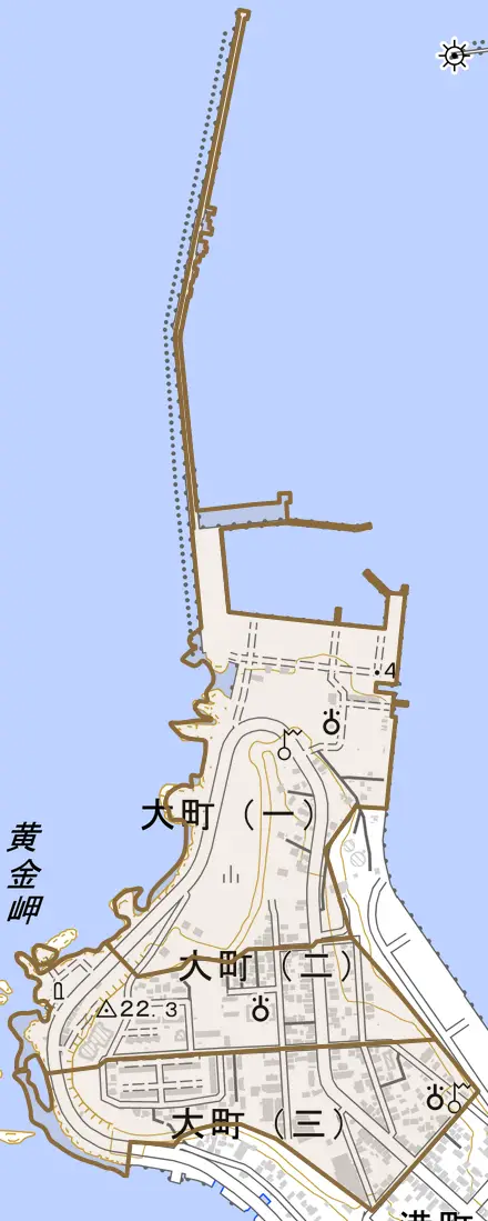 大町とその周辺の地図。町の範囲を重ねている