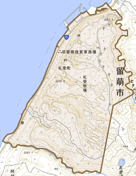 礼受町とその周辺の地図。町の範囲を重ねている