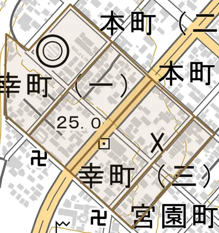 幸町とその周辺の地図。町の範囲を重ねている
