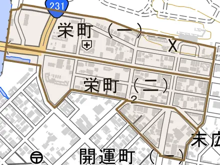 栄町とその周辺の地図。町の範囲を重ねている