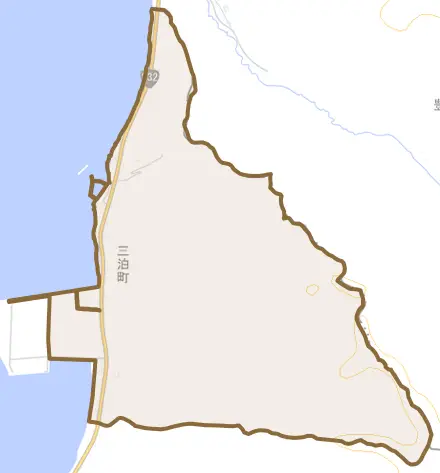 三泊町とその周辺の地図。町の範囲を重ねている