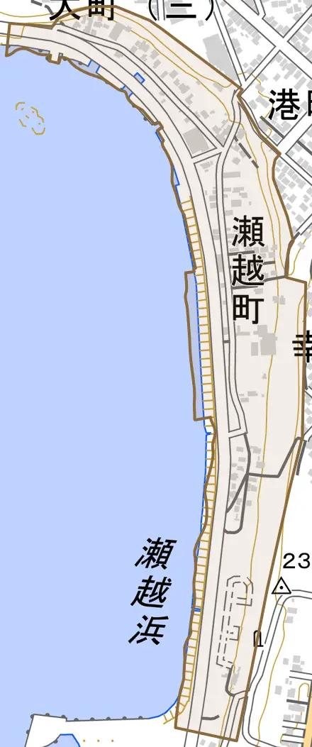 瀬越町とその周辺の地図。町の範囲を重ねている