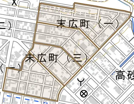 末広町とその周辺の地図。町の範囲を重ねている