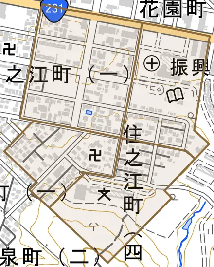 住之江町とその周辺の地図。町の範囲を重ねている