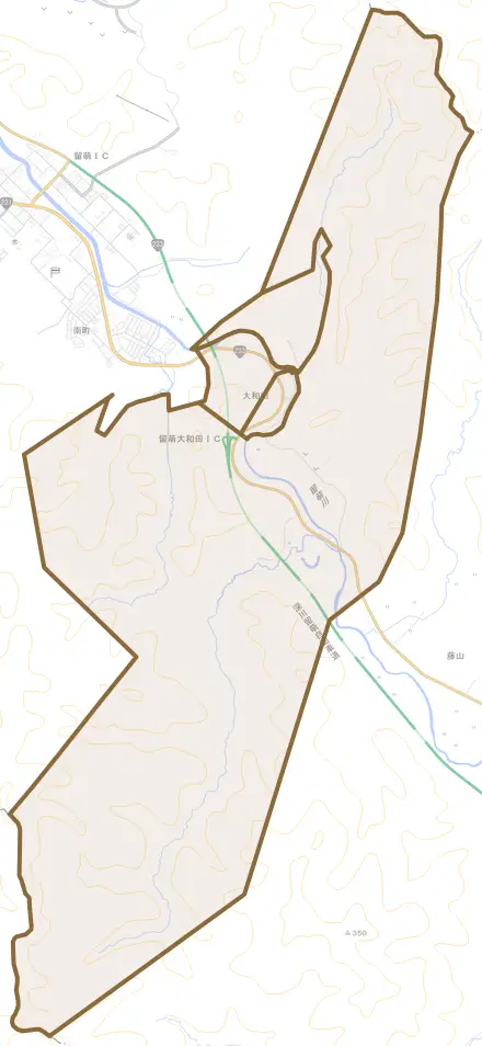 大和田町とその周辺の地図。町の範囲を重ねている