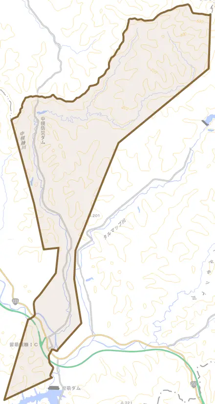 幌糠町とその周辺の地図。町の範囲を重ねている
