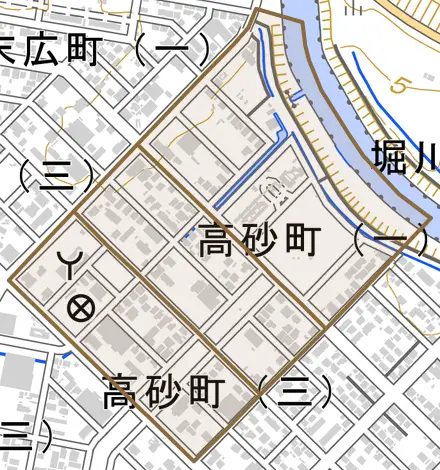 高砂町とその周辺の地図。町の範囲を重ねている
