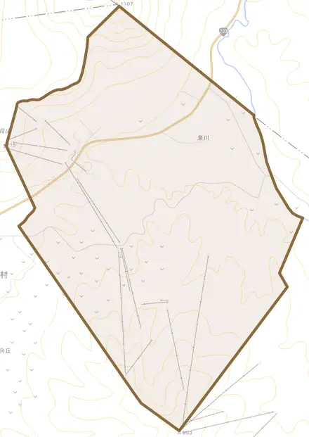字泉川とその周辺の地図。町の範囲を重ねている
