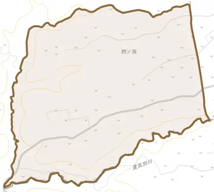 字西ノ原とその周辺の地図。町の範囲を重ねている