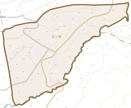 字三ノ原とその周辺の地図。町の範囲を重ねている