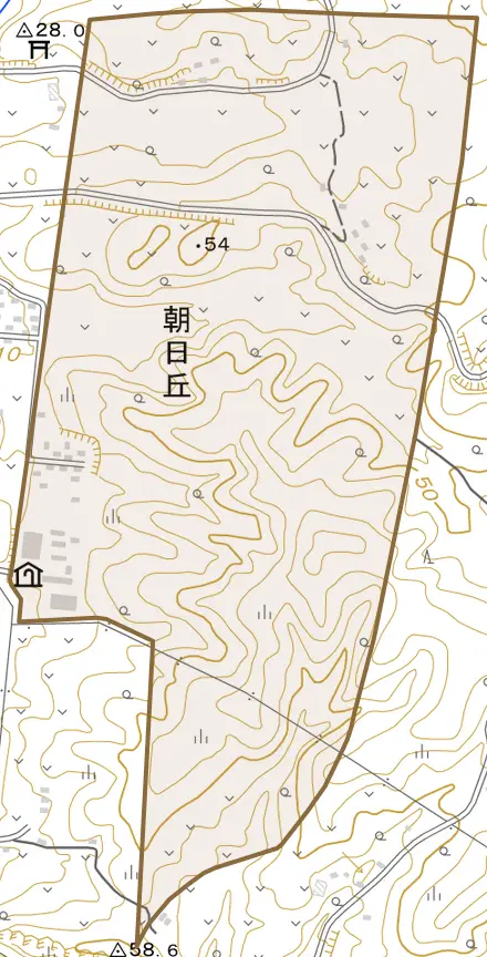 朝日丘とその周辺の地図。町の範囲を重ねている