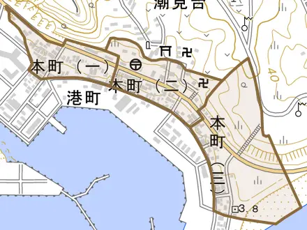 本町とその周辺の地図。町の範囲を重ねている