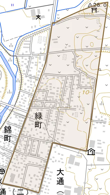 緑町とその周辺の地図。町の範囲を重ねている