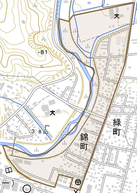 錦町とその周辺の地図。町の範囲を重ねている