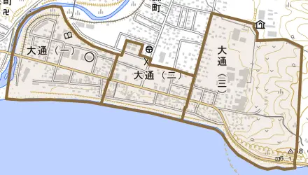 大通とその周辺の地図。町の範囲を重ねている
