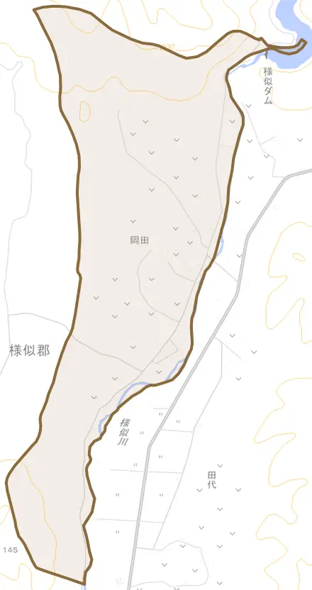 字岡田とその周辺の地図。町の範囲を重ねている