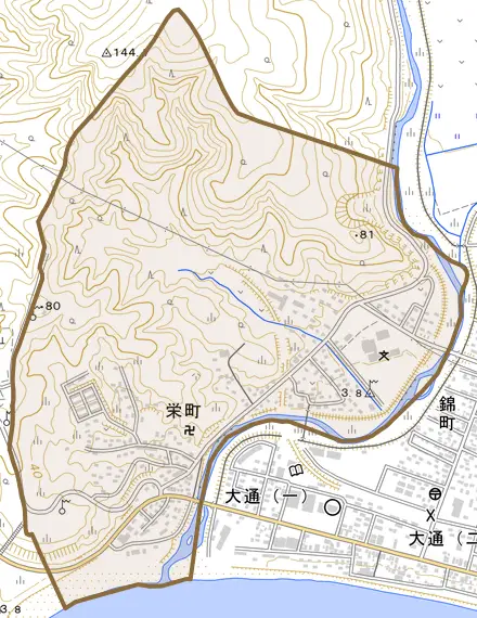 栄町とその周辺の地図。町の範囲を重ねている