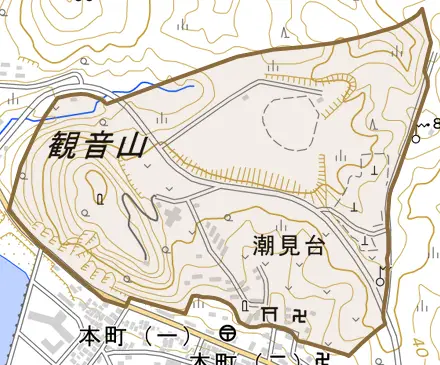 潮見台とその周辺の地図。町の範囲を重ねている