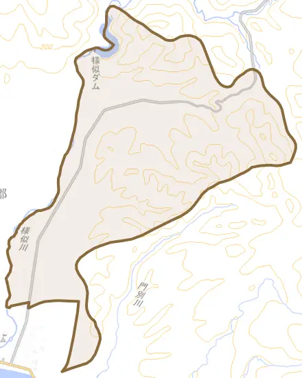 字田代とその周辺の地図。町の範囲を重ねている