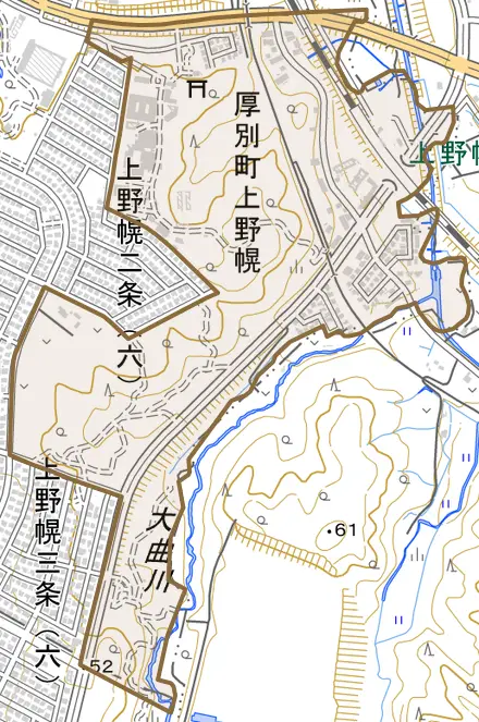 厚別町上野幌とその周辺の地図。町の範囲を重ねている
