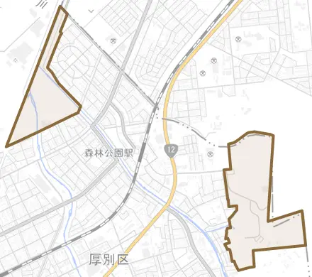 厚別町小野幌とその周辺の地図。町の範囲を重ねている