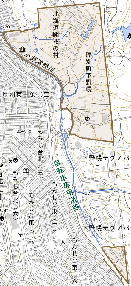 厚別町下野幌とその周辺の地図。町の範囲を重ねている